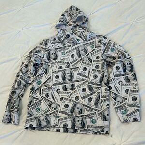 Kids' 100 Dollar Bill Print Long Sleeve Round Neck Pullover Hoodie Fits Large 10